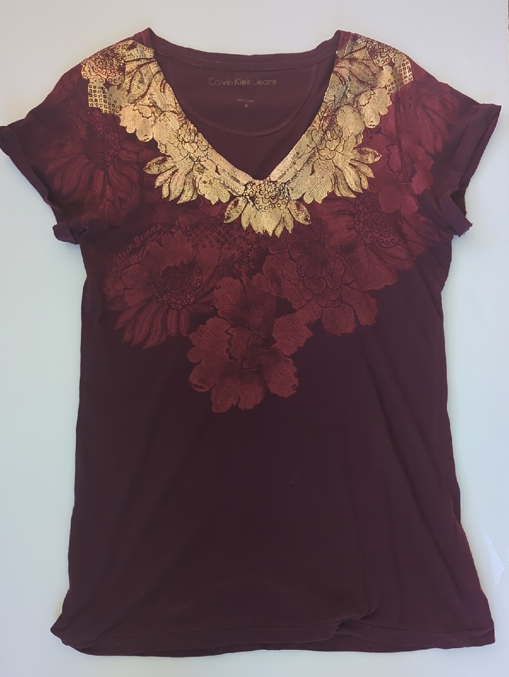 Calvin Klein Jeans Maroon Short Sleeve Tee with Gold Floral V-Neck